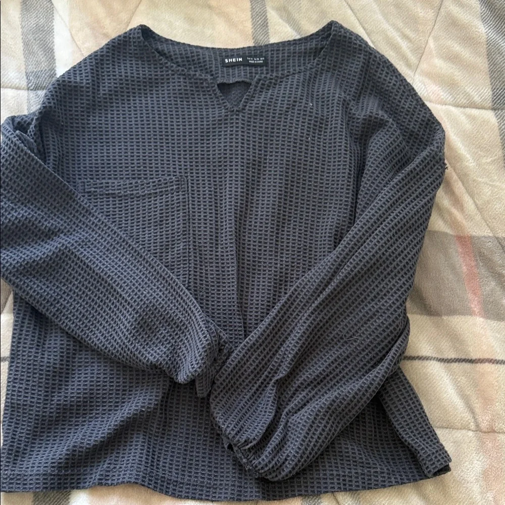 SHEIN Black Long Sleeve Waffle Knit Top - Picture 1 of 1